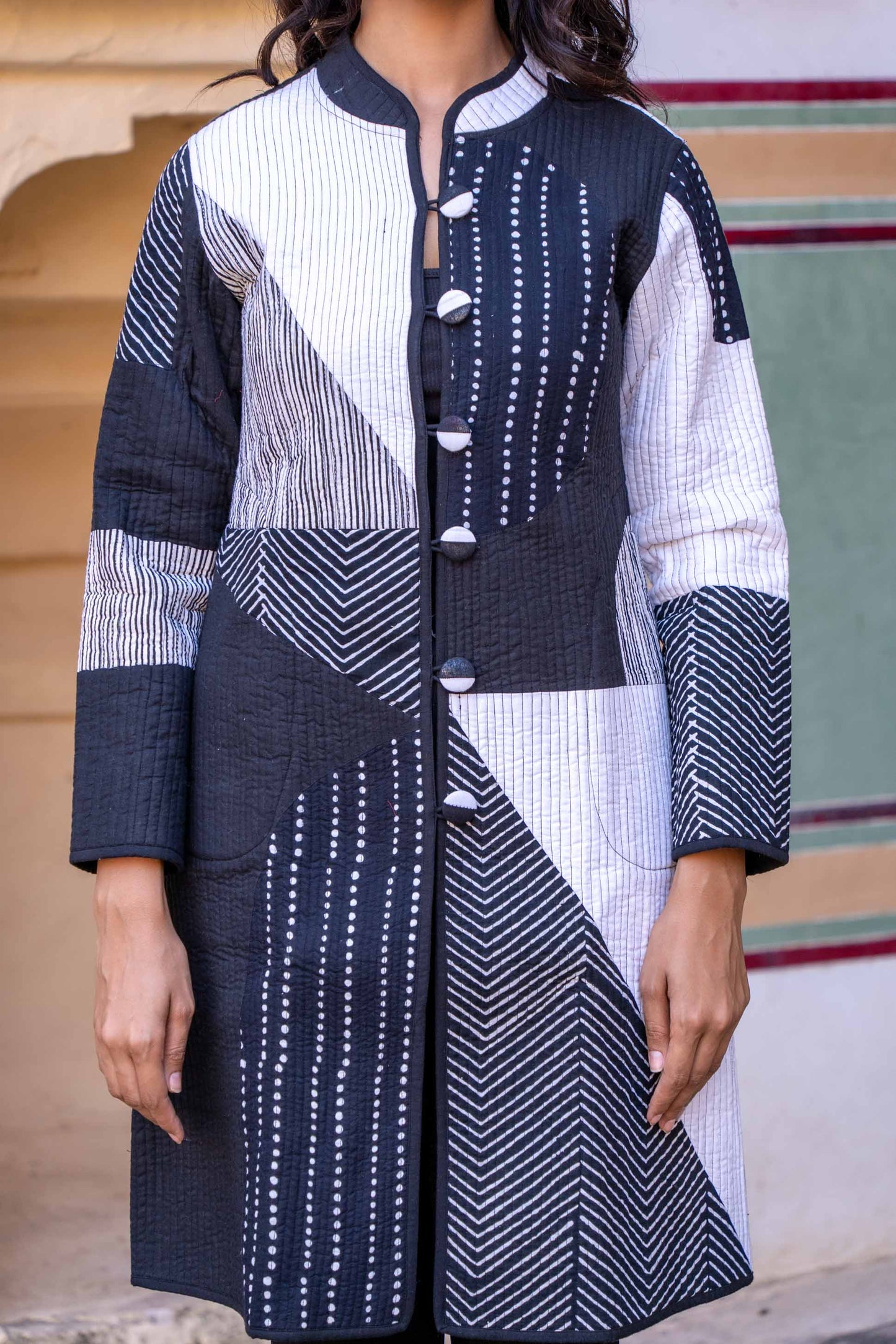 Black White Patch Work Quilted Long Coat-NVQJ319