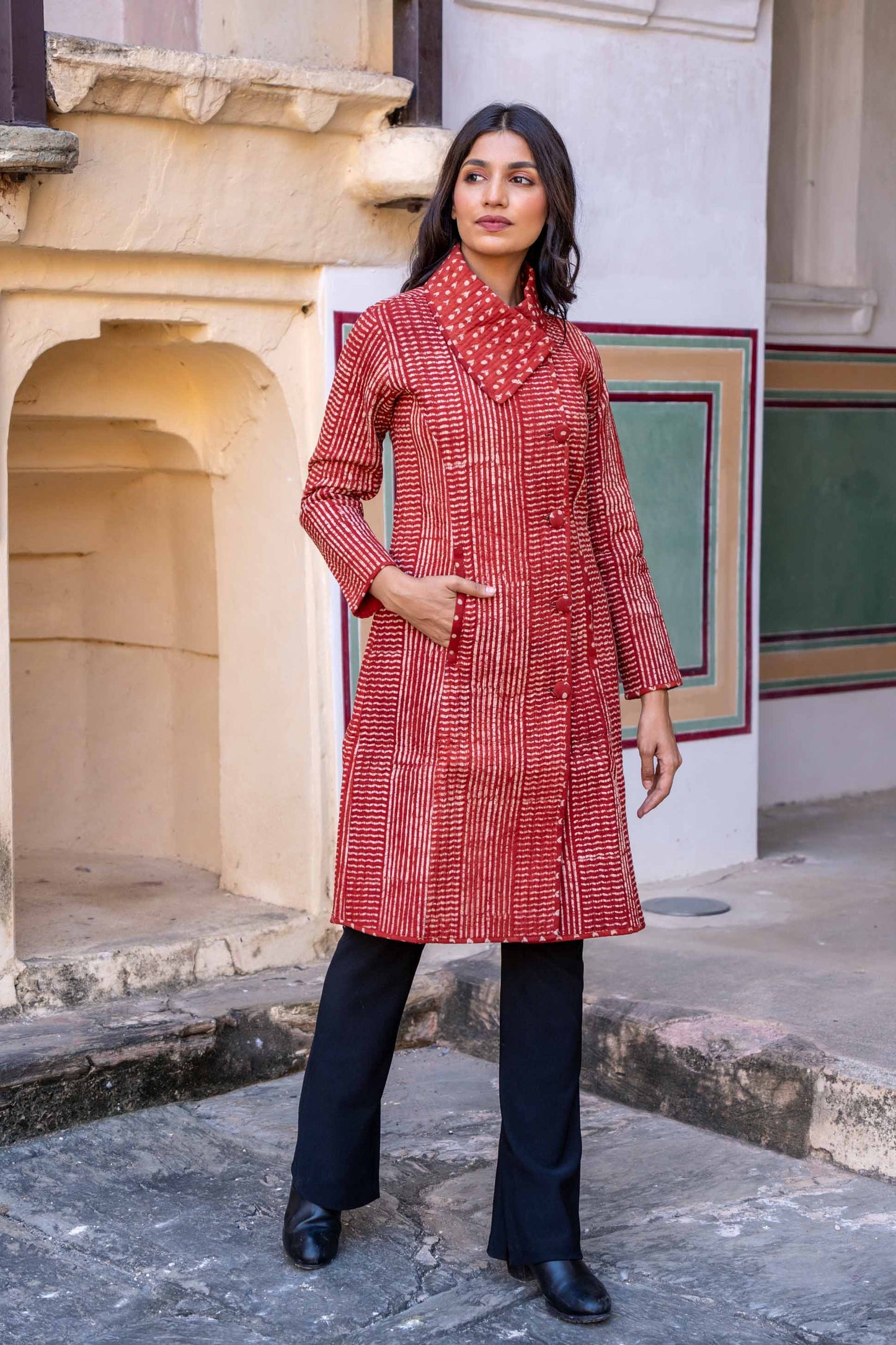 Natural Red Block Printed Quilted Bukhara Coat-NVQJ317