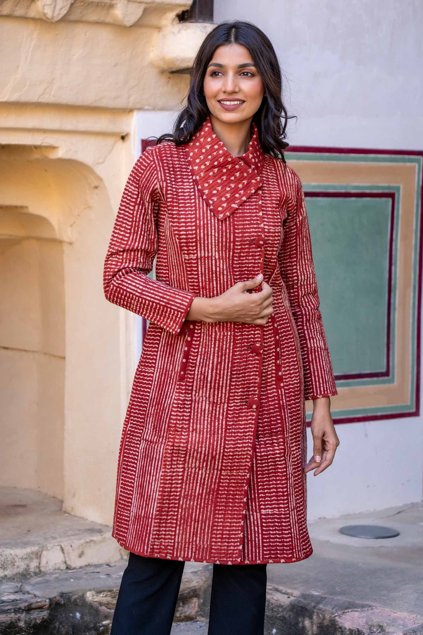 Natural Red Block Printed Quilted Bukhara Coat-NVQJ317