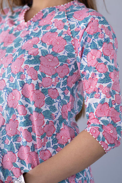 PINK FLORAL BLOCK PRINTED KURTA -NVKS764