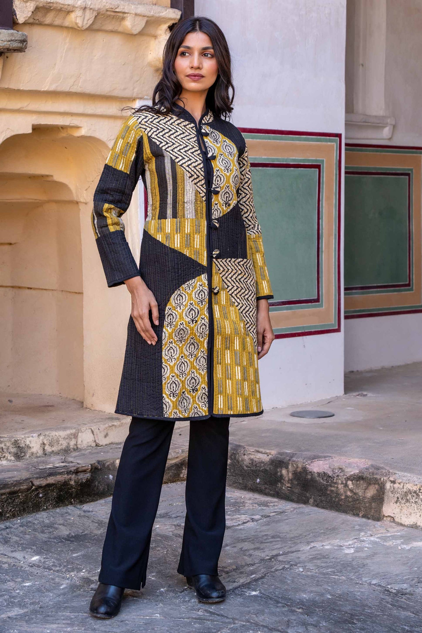 Bagru Mustard Patch Work Quilted Long Coat-NVQJ320 SALE