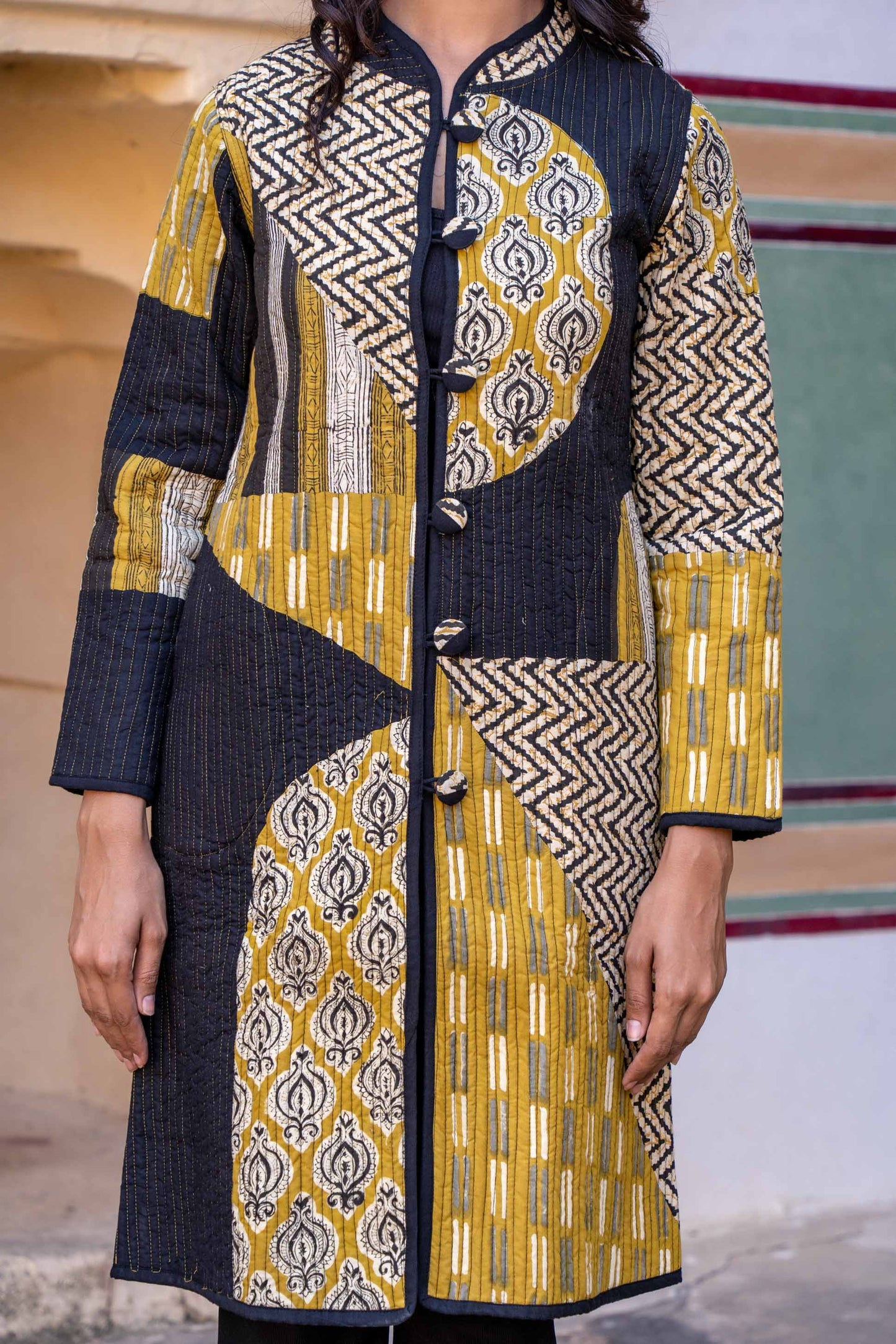 Bagru Mustard Patch Work Quilted Long Coat-NVQJ320 SALE