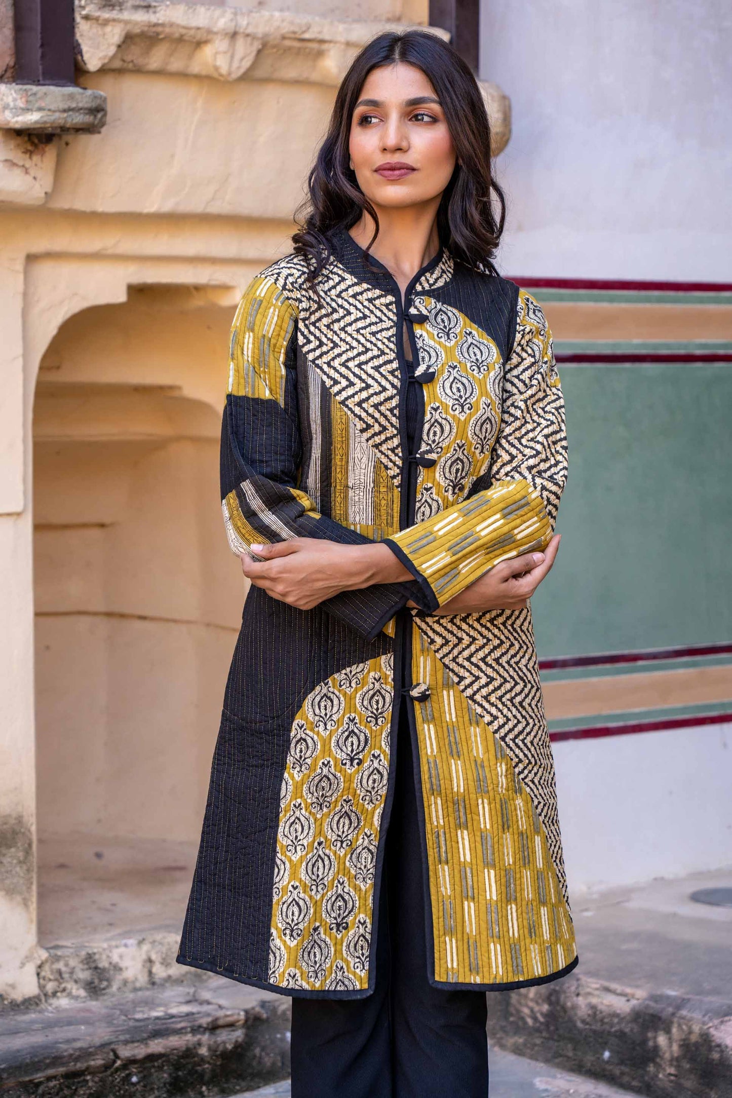Bagru Mustard Patch Work Quilted Long Coat-NVQJ320 SALE
