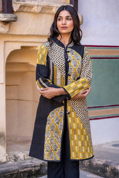 Bagru Mustard Patch Work Quilted Long Coat-NVQJ320 SALE