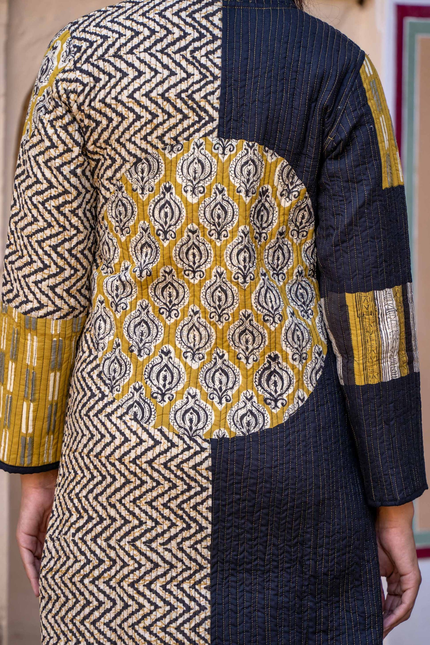 Bagru Mustard Patch Work Quilted Long Coat-NVQJ320 SALE