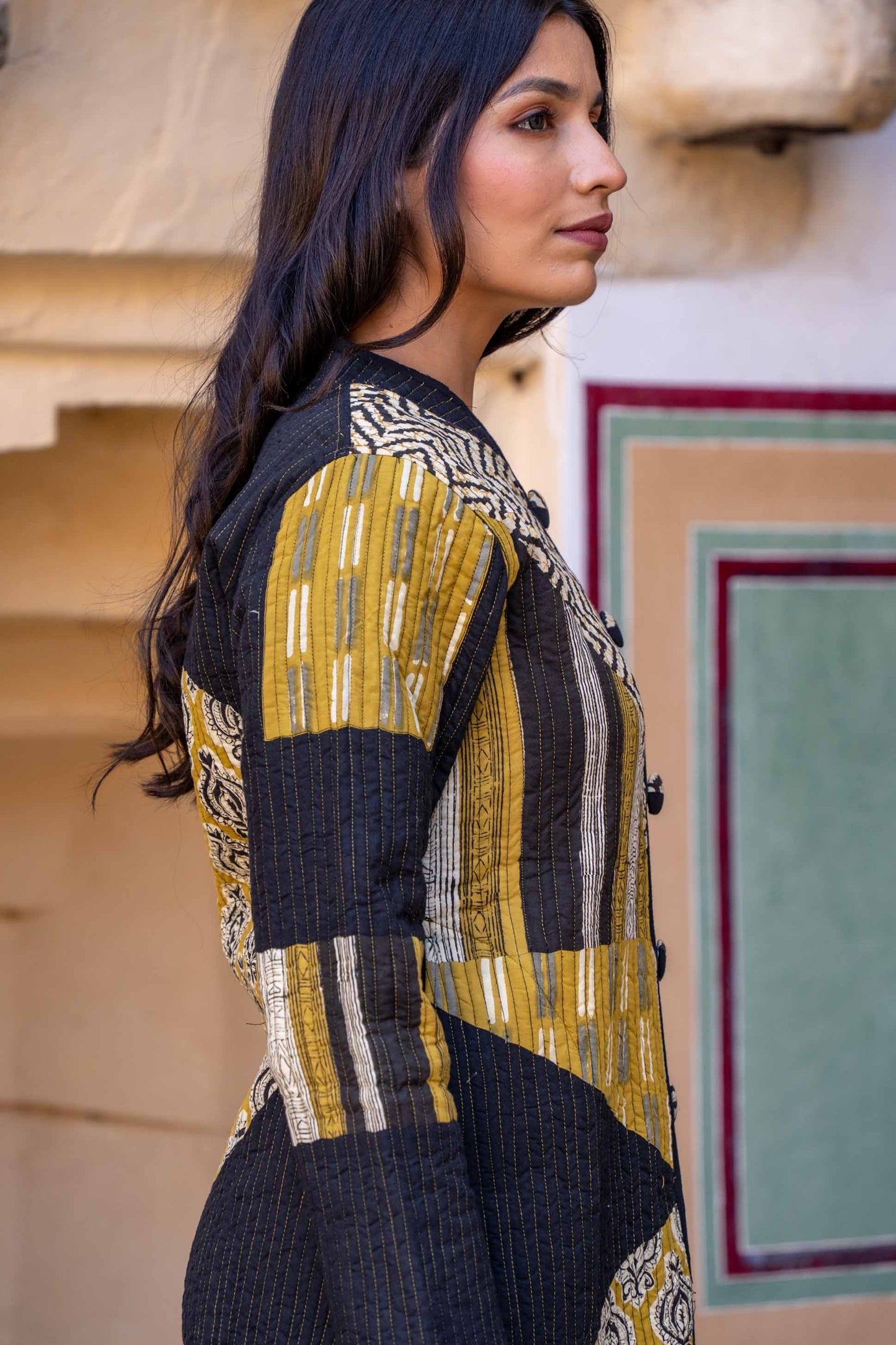 Bagru Mustard Patch Work Quilted Long Coat-NVQJ320 SALE