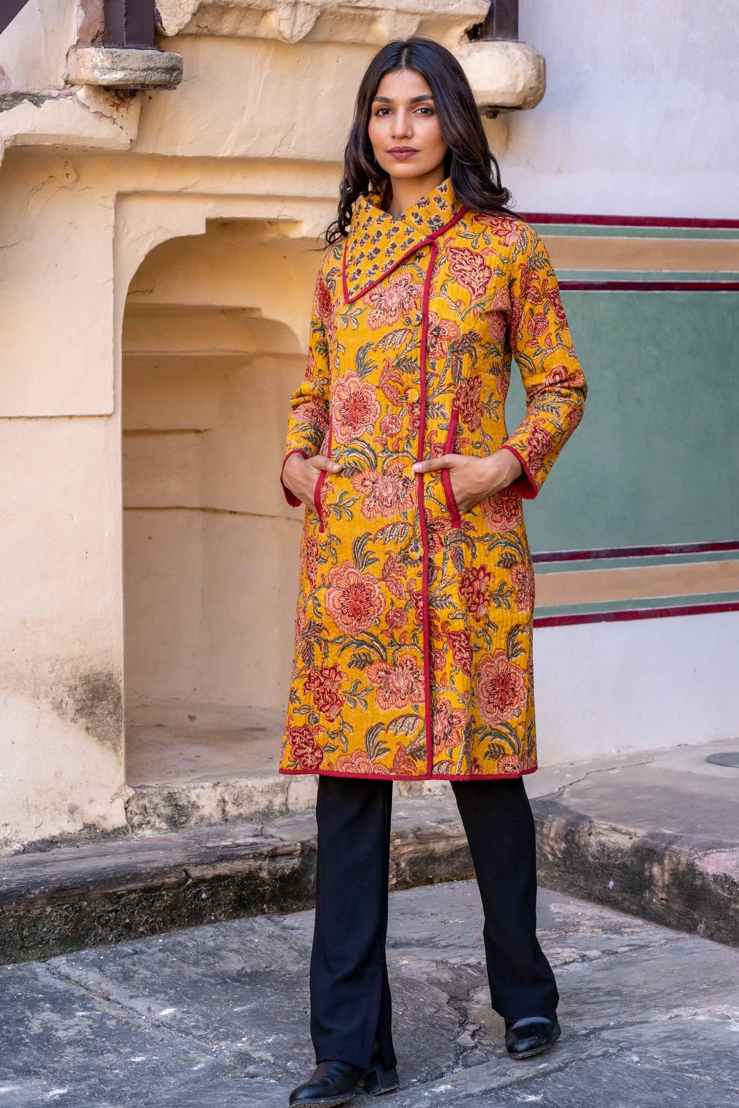 Golden Mustard Block Printed Quilted Bukhara Coat-NVQJ316