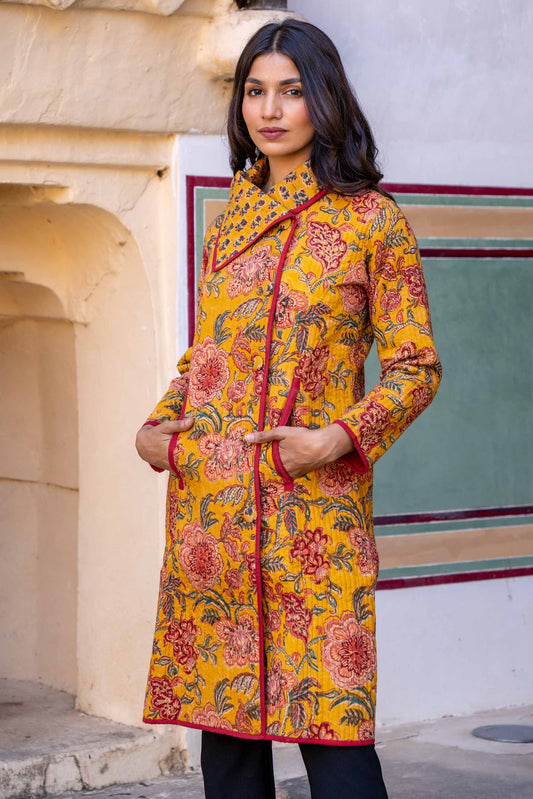 Golden Mustard Block Printed Quilted Bukhara Coat-NVQJ316