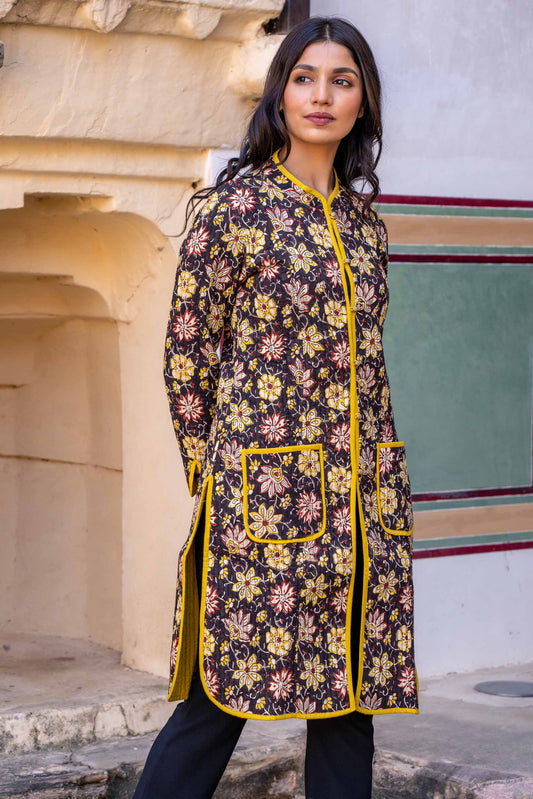 Bagru Yellow Reversible Block Print Quilted Coat- NVQJ295 SALE