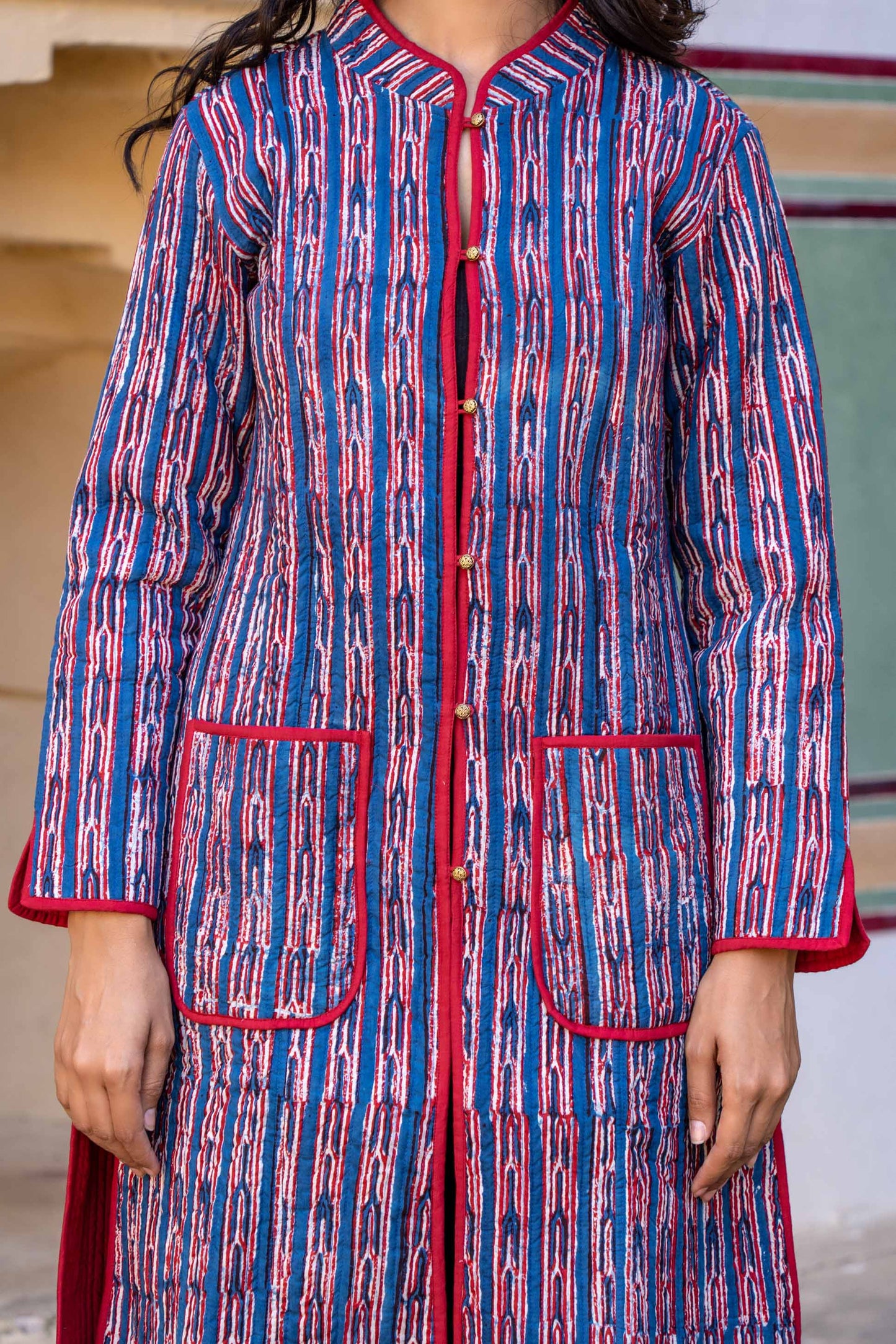 Blue Red Reversible Block Print Quilted Coat- NVQJ296