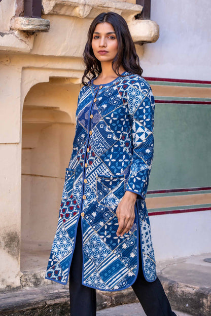 Indigo Patchwork Block Print Quilted Coat- NVQJ298 SALE