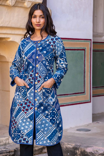 Indigo Patchwork Block Print Quilted Coat- NVQJ298 SALE
