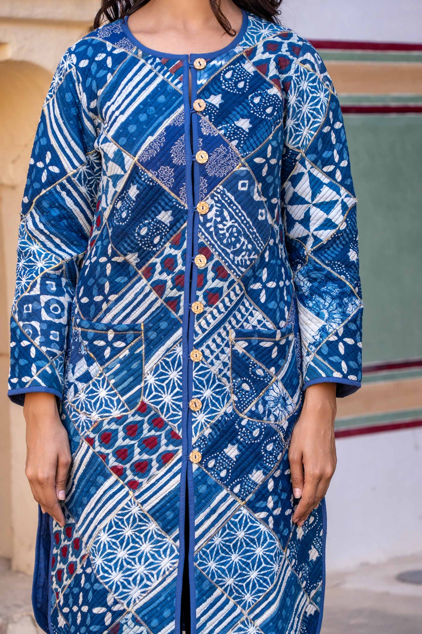 Indigo Patchwork Block Print Quilted Coat- NVQJ298 SALE
