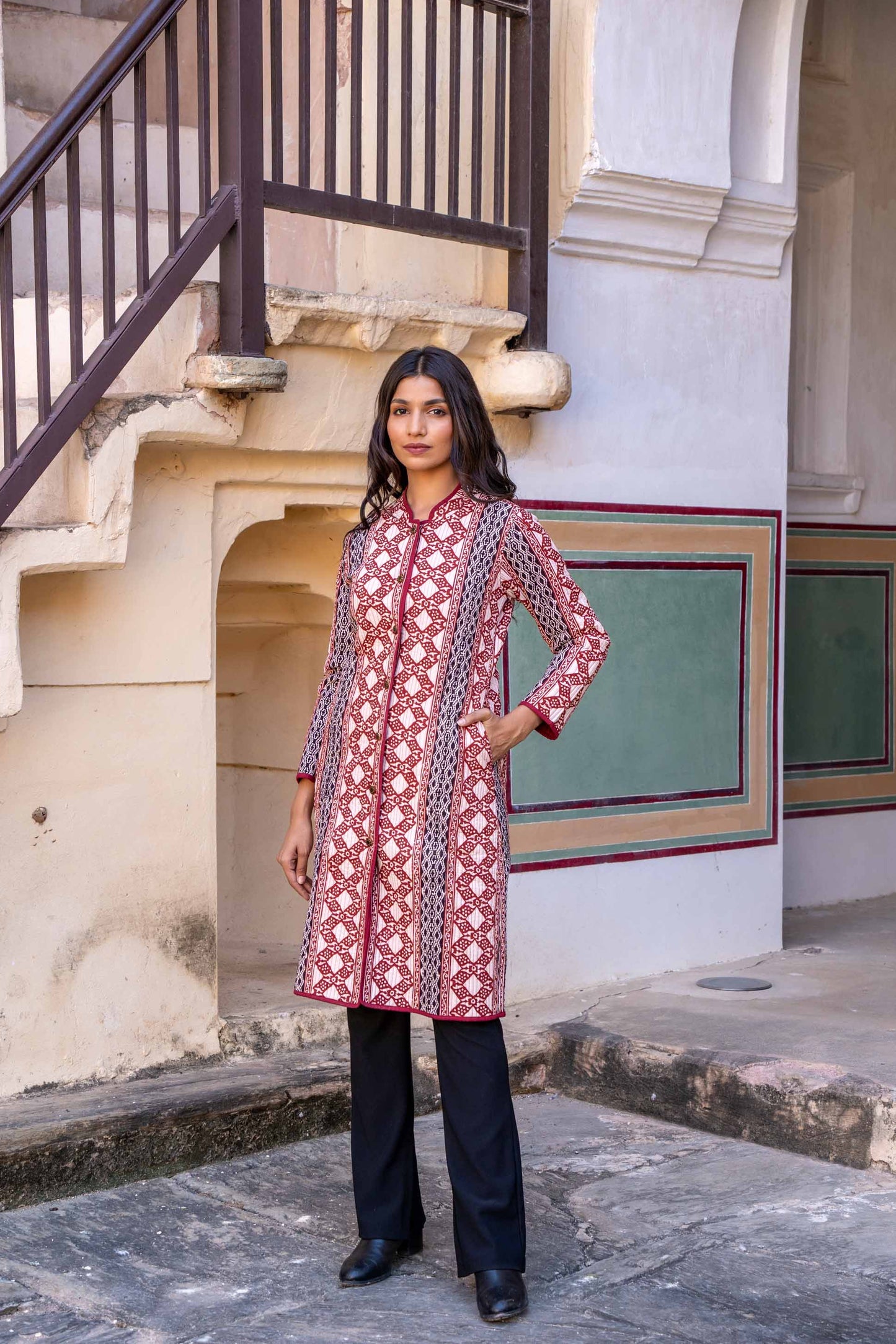 Bagh Hand Block Print Quilted Coat- NVQJ299