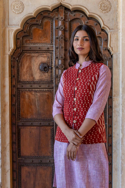 Bagru Red Reversible Cotton Quilted Sleeveless Jacket- NVQJ311(S,M,L)