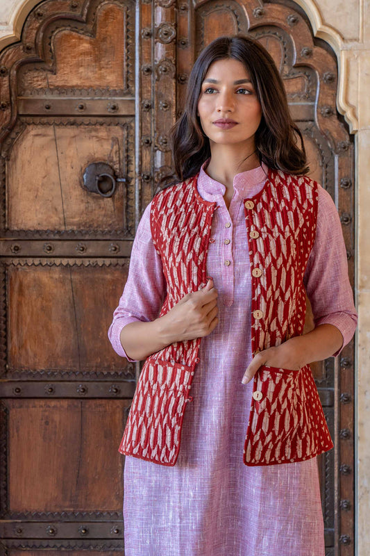 Bagru Red Reversible Cotton Quilted Sleeveless Jacket- NVQJ311(S,M,L)