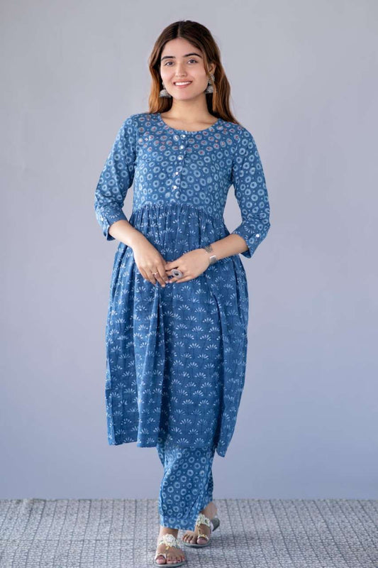 INDIGO BLOCK PRINTED KURTA PANT SET-NVKS719