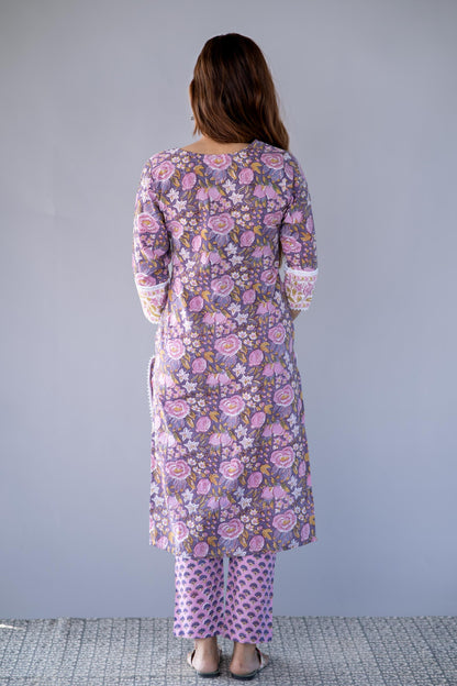 VIOLET BLOCK PRINTED KURTA PANT SET-NVKS717