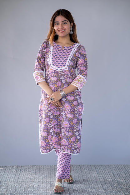 VIOLET BLOCK PRINTED KURTA PANT SET-NVKS717