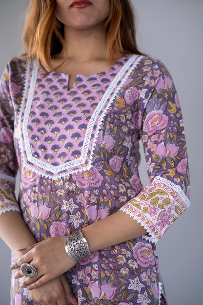 VIOLET BLOCK PRINTED KURTA PANT SET-NVKS717