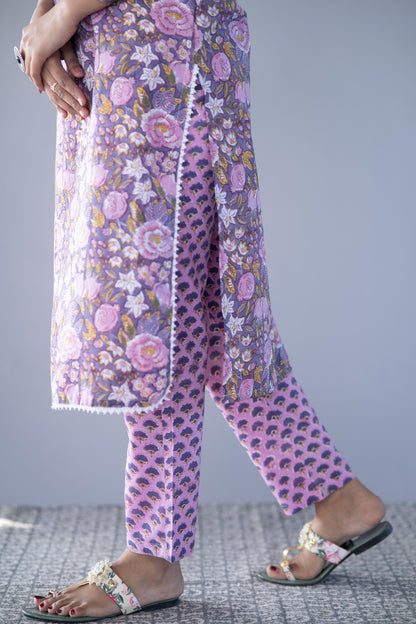 VIOLET BLOCK PRINTED KURTA PANT SET-NVKS717