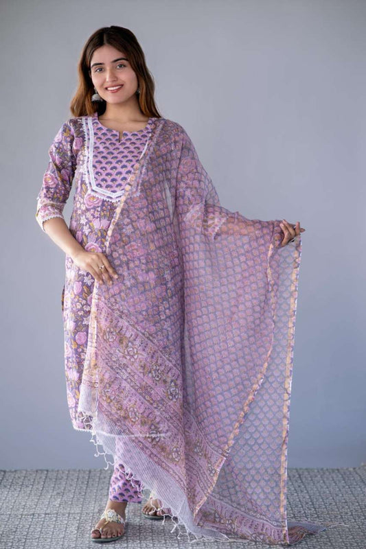 VIOLET BLOCK PRINTED 3 PIECE SET-NVKS724