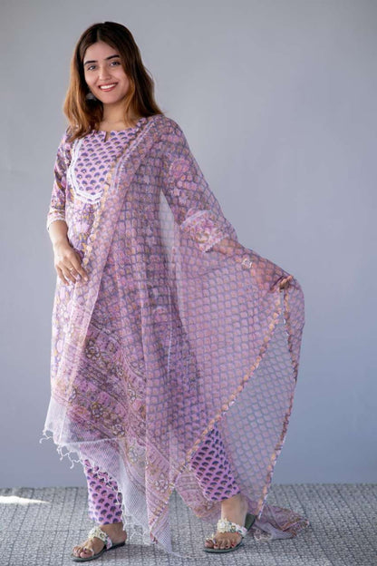 VIOLET BLOCK PRINTED 3 PIECE SET-NVKS724