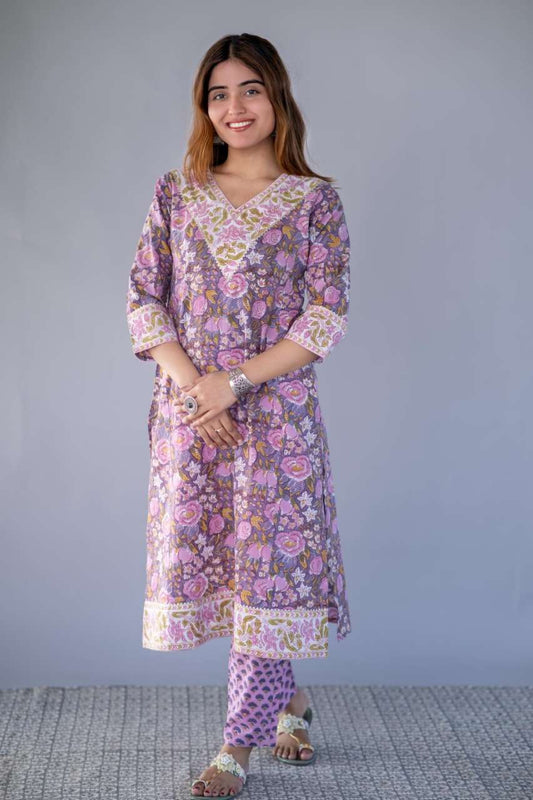 VIOLET BLOCK PRINTED KURTA PANT SET-NVKS733