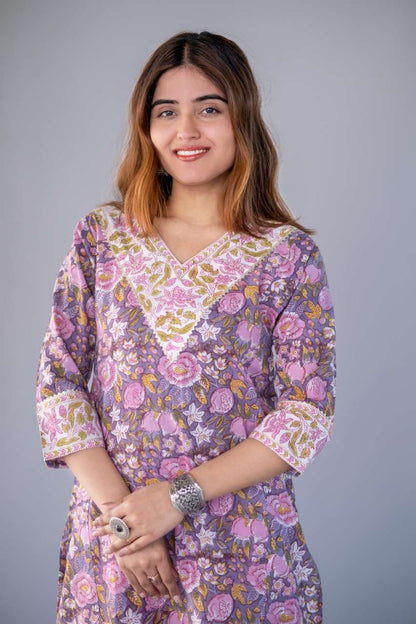 VIOLET BLOCK PRINTED KURTA PANT SET-NVKS733
