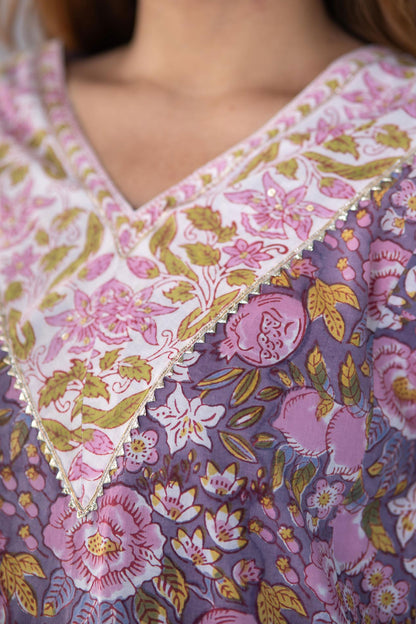VIOLET BLOCK PRINTED KURTA PANT SET-NVKS733