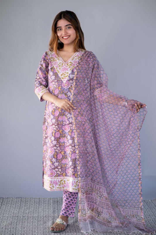 VIOLET HAND BLOCK PRINTED 3-PIECE SET-NVKS727