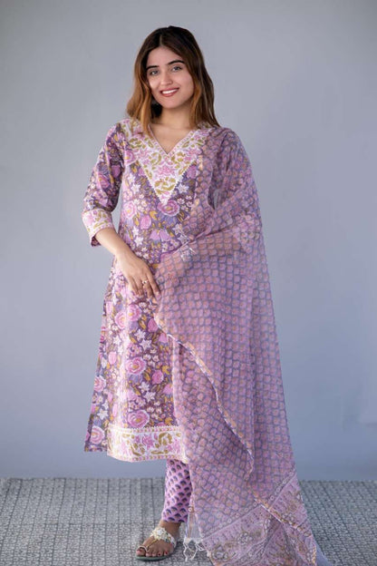 VIOLET HAND BLOCK PRINTED 3-PIECE SET-NVKS727
