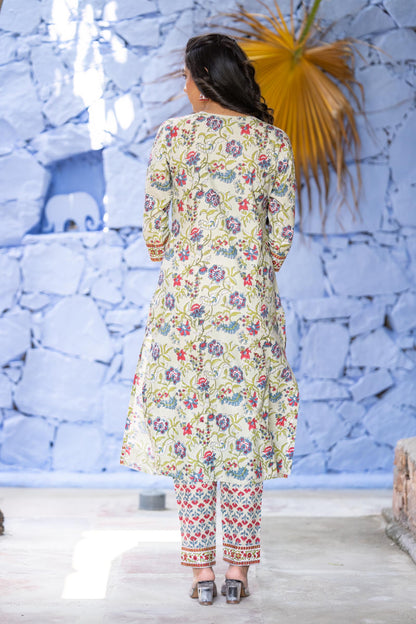 Gourd Green Block Printed Cotton Kurta Set-KS613