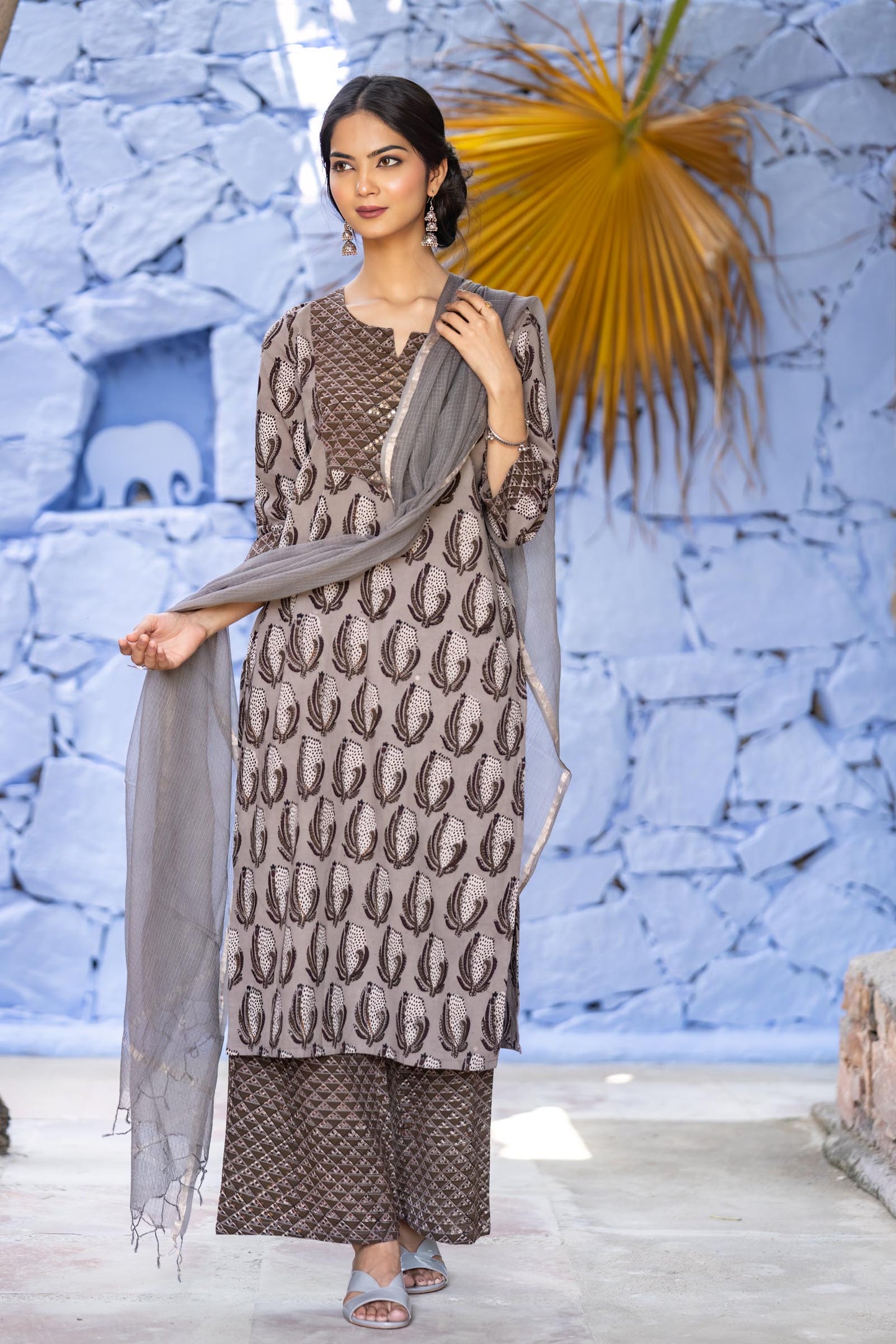 Bagru Grey 3-piece Kurta Set-KS621