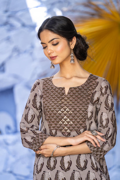 Bagru Grey Block Printed  Cotton Kurta Set-KS614