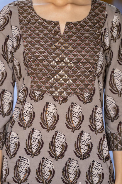 Bagru Grey Block Printed  Cotton Kurta Set-KS614