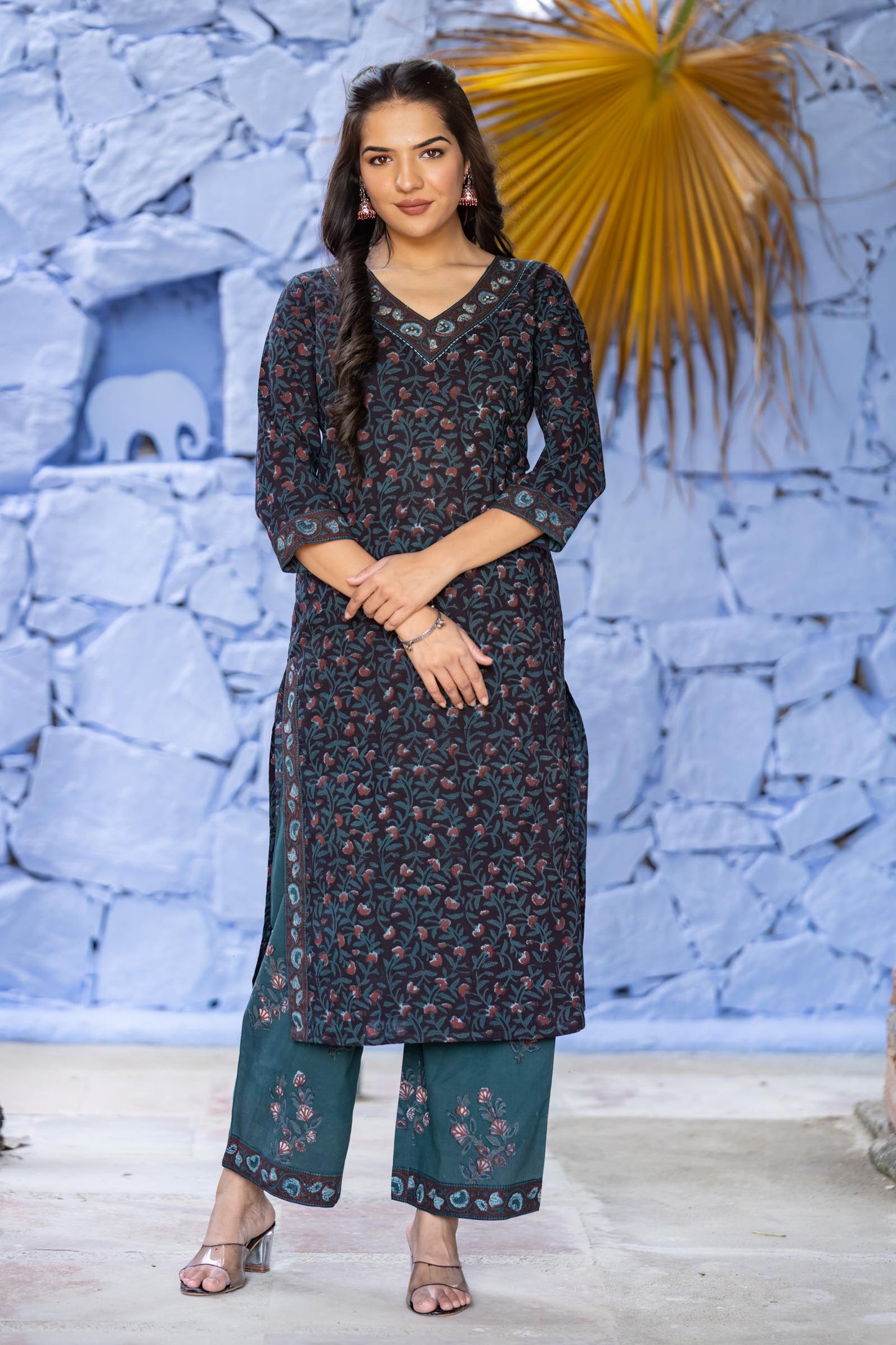 Floral Bagru Kurta Pant Set-KS631