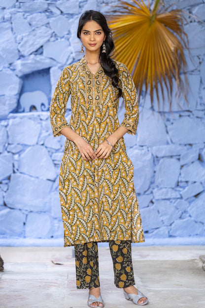 Bagru Mustard Cotton Kurta Pant Set-KS627