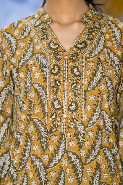 Bagru Mustard Cotton Kurta-KS643