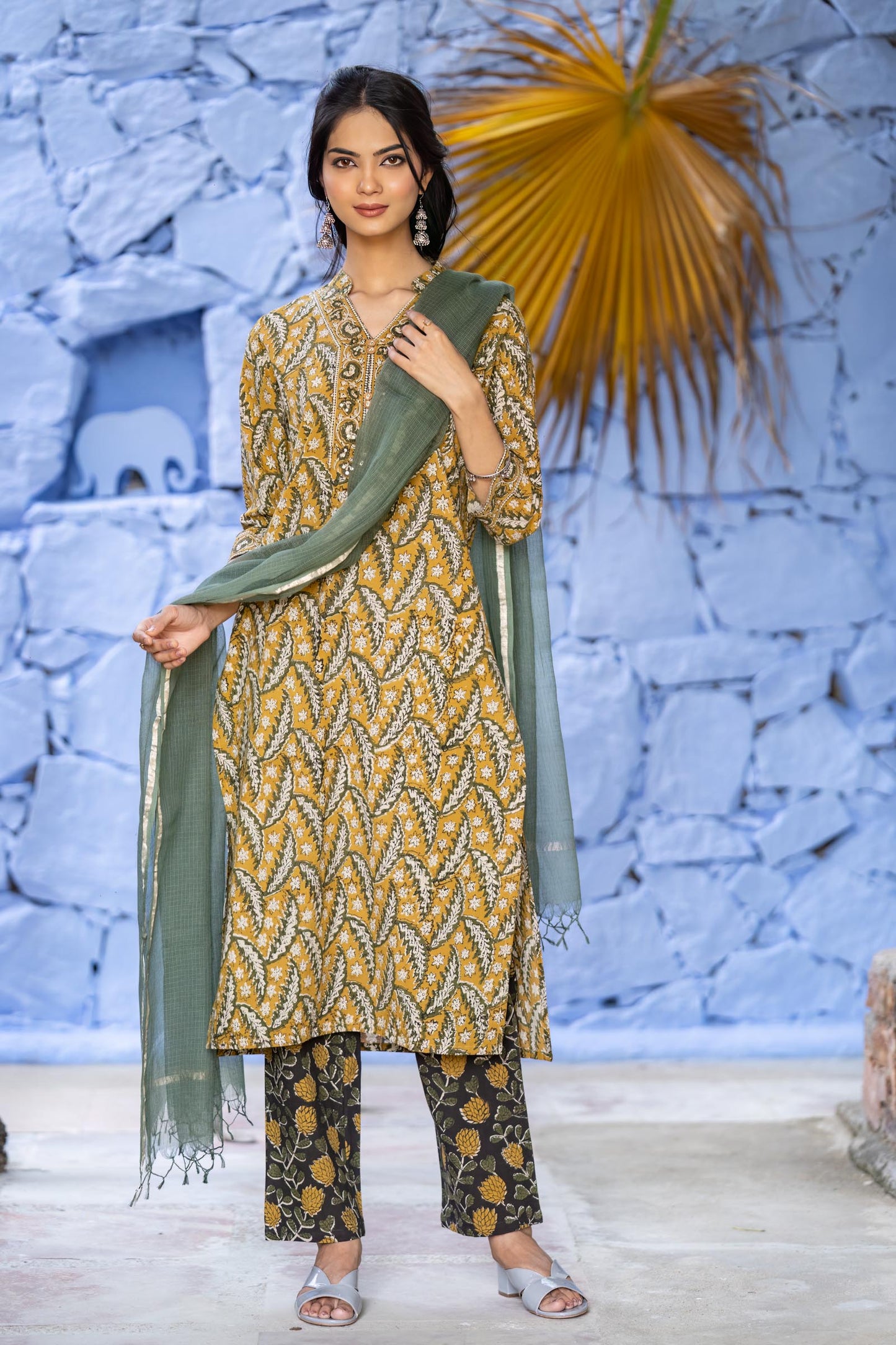 Mustard Bagru 3-Piece Set-KS649