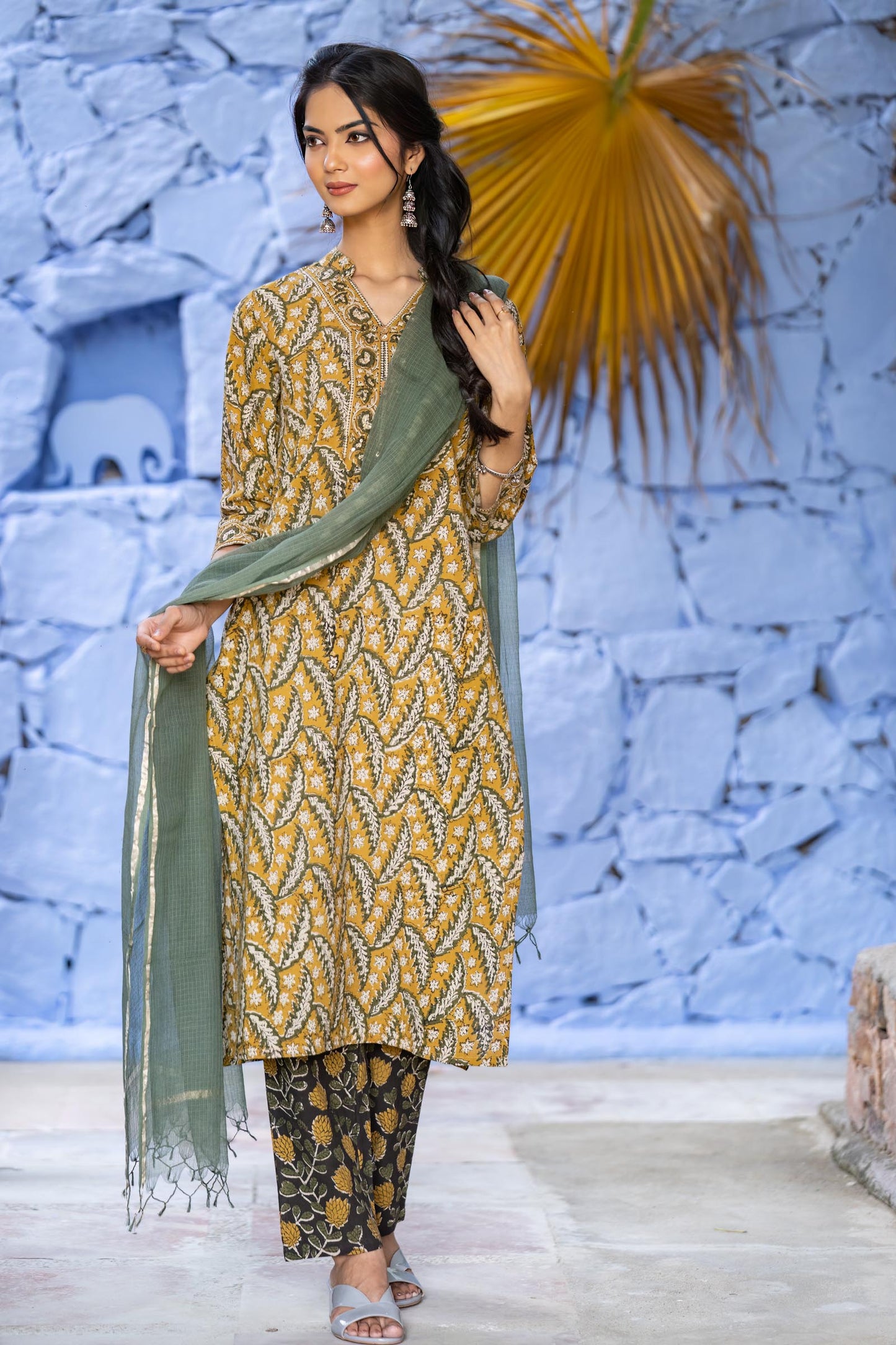 Mustard Bagru 3-Piece Set-KS649