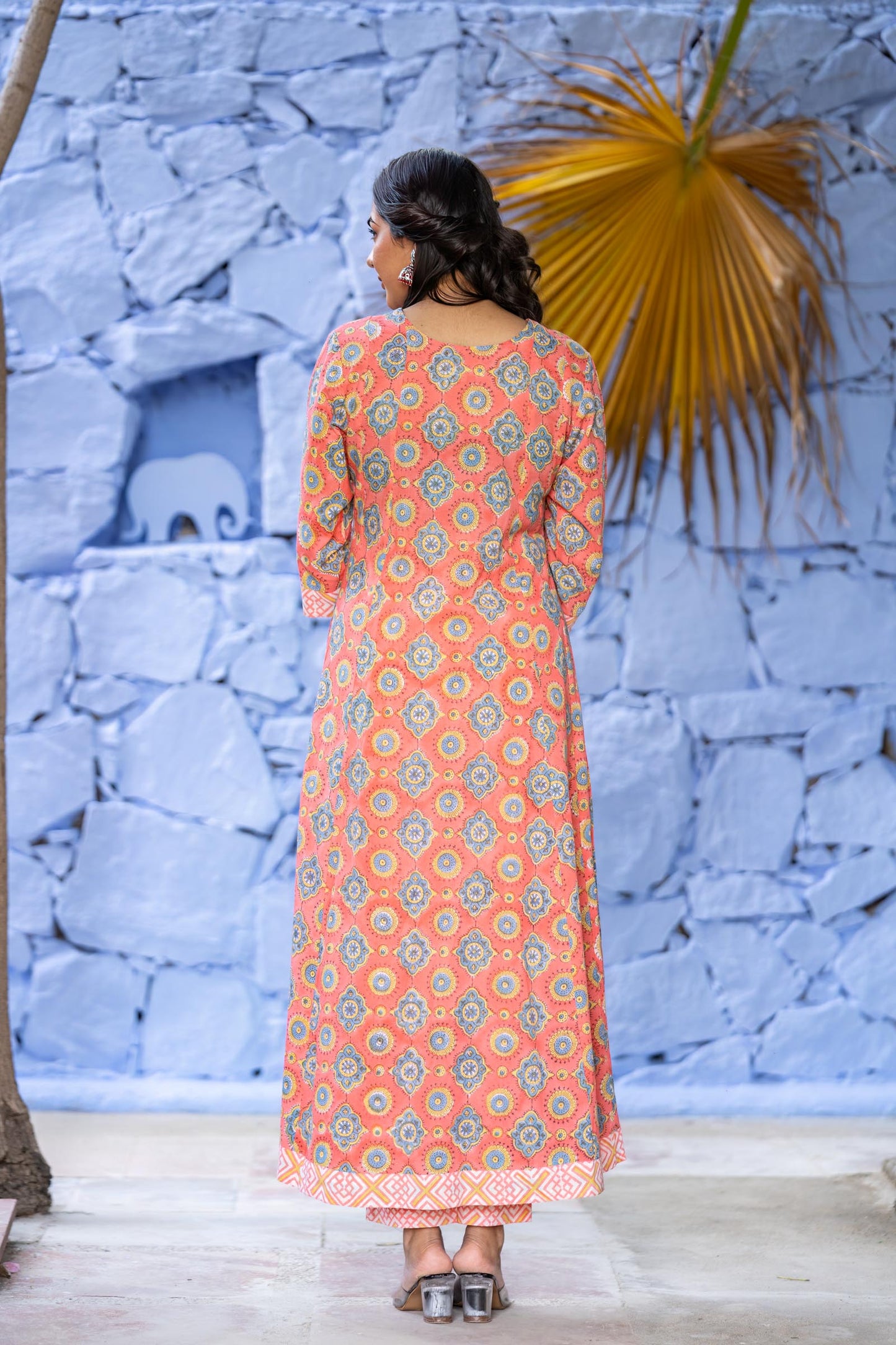 Peach Cotton Long Kurta Pant Set-KS629