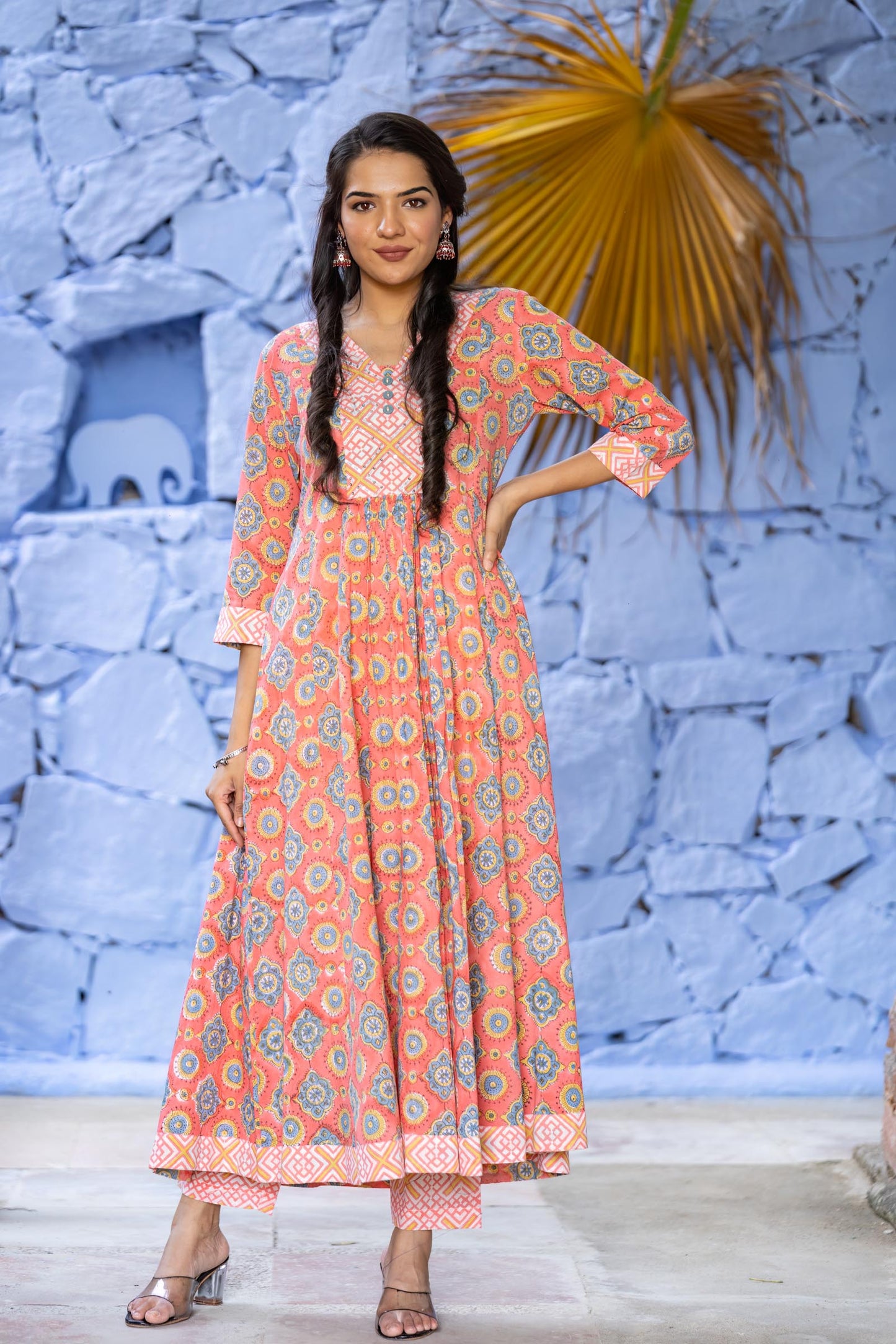 Peach Cotton Long Kurta Pant Set-KS629