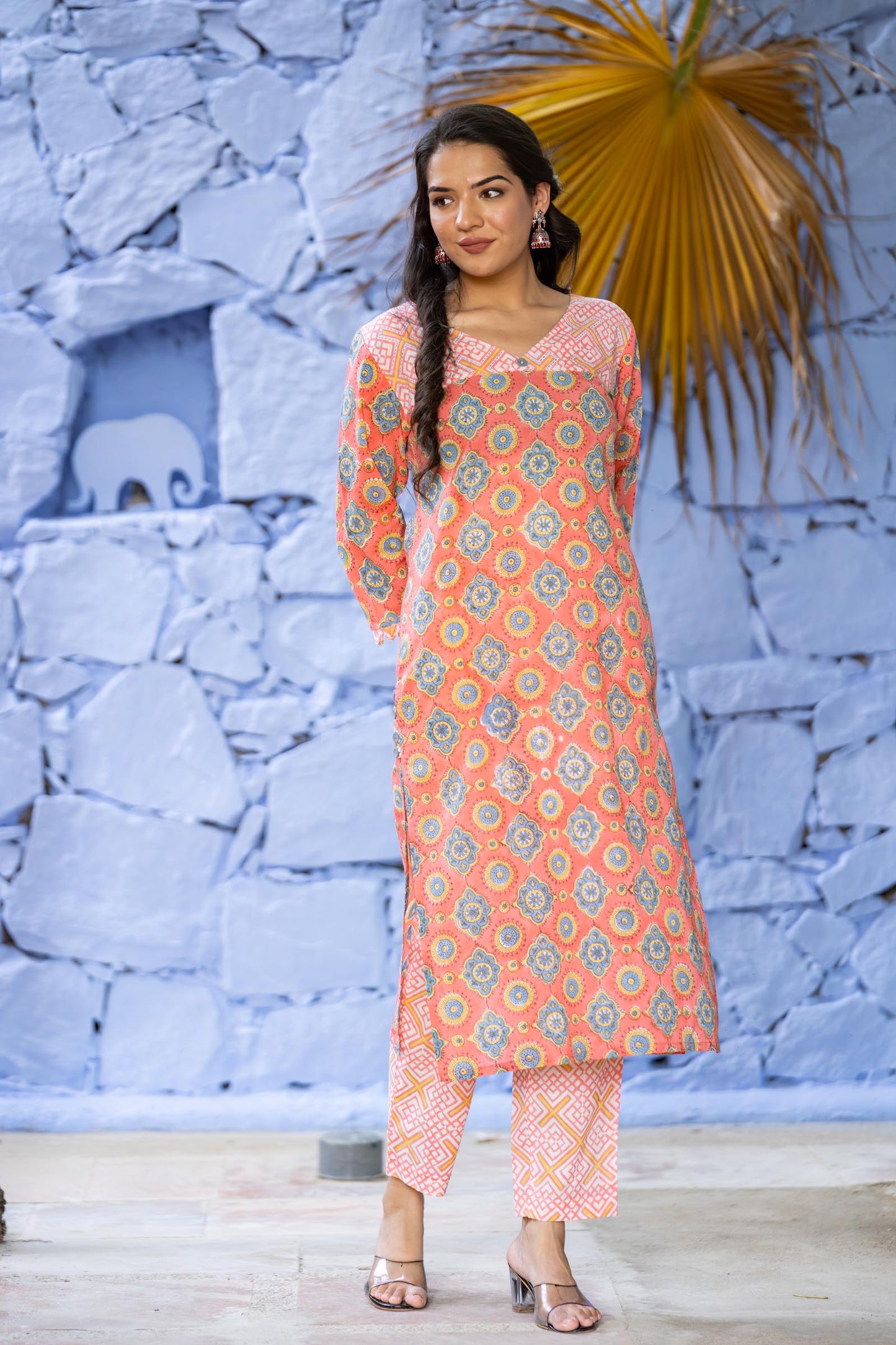 Summer Orange Cotton Kurta Pant Set-KS626