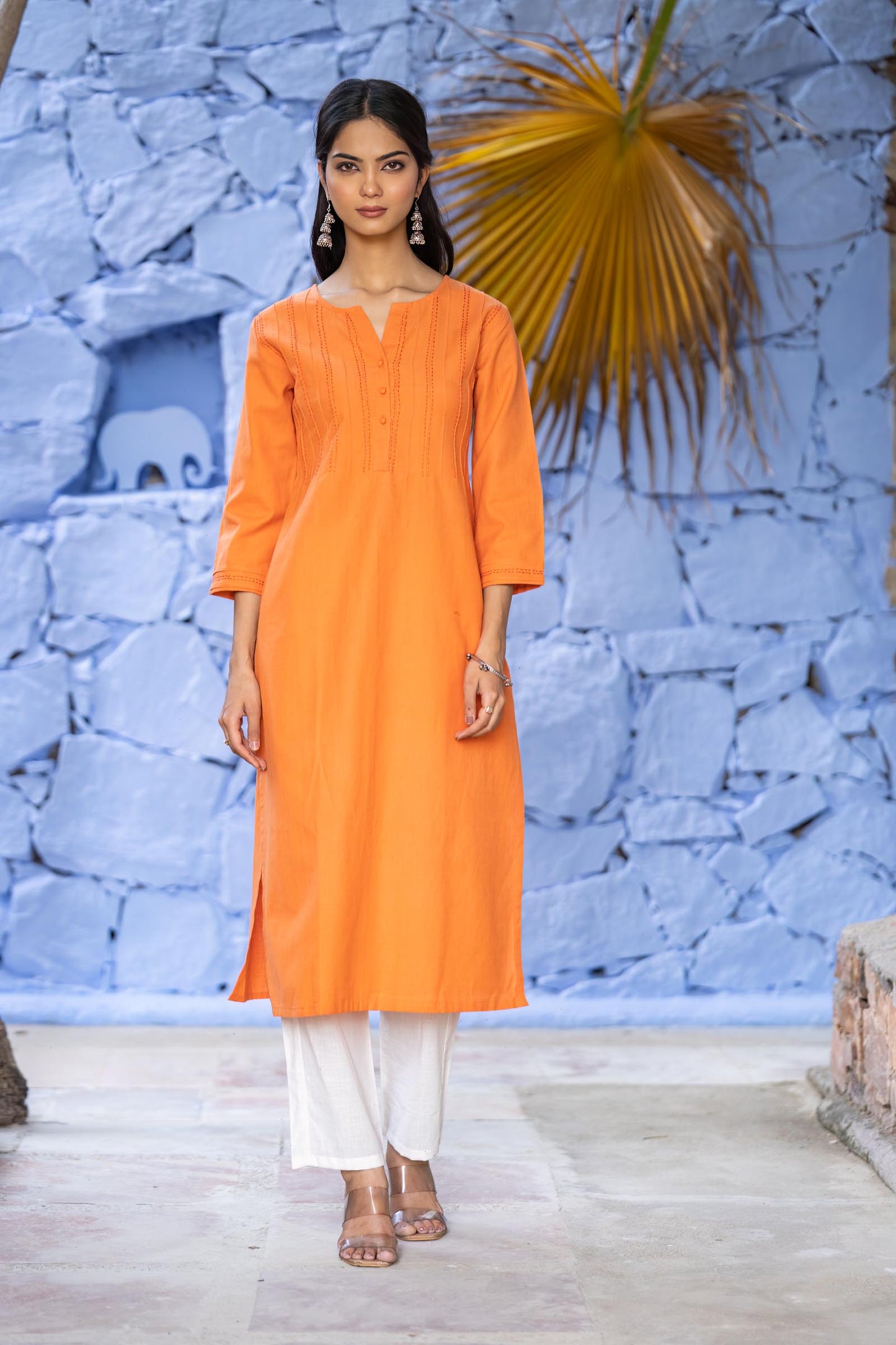 Orange Khari Cotton Kantha Kurta Set-KS656