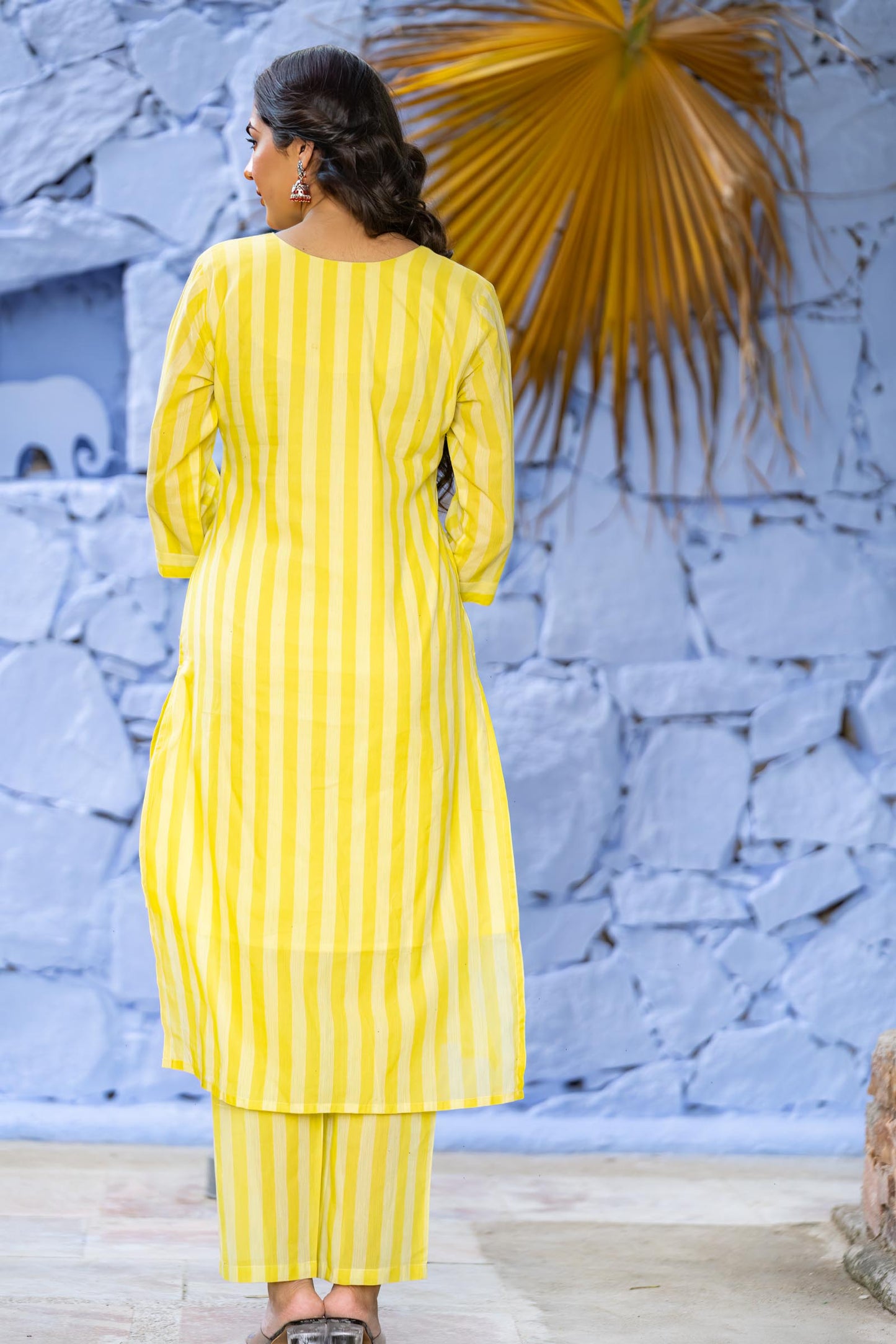 Yellow Striped Khari Cotton Kurta Set-KS658