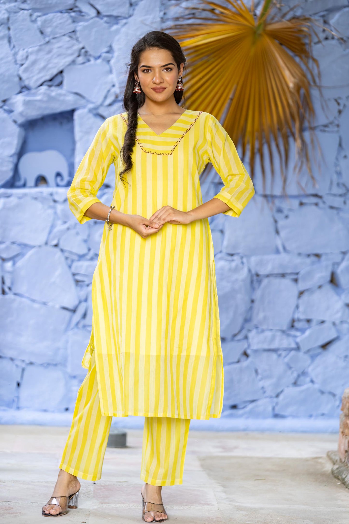 Yellow Striped Khari Cotton Kurta Set-KS658