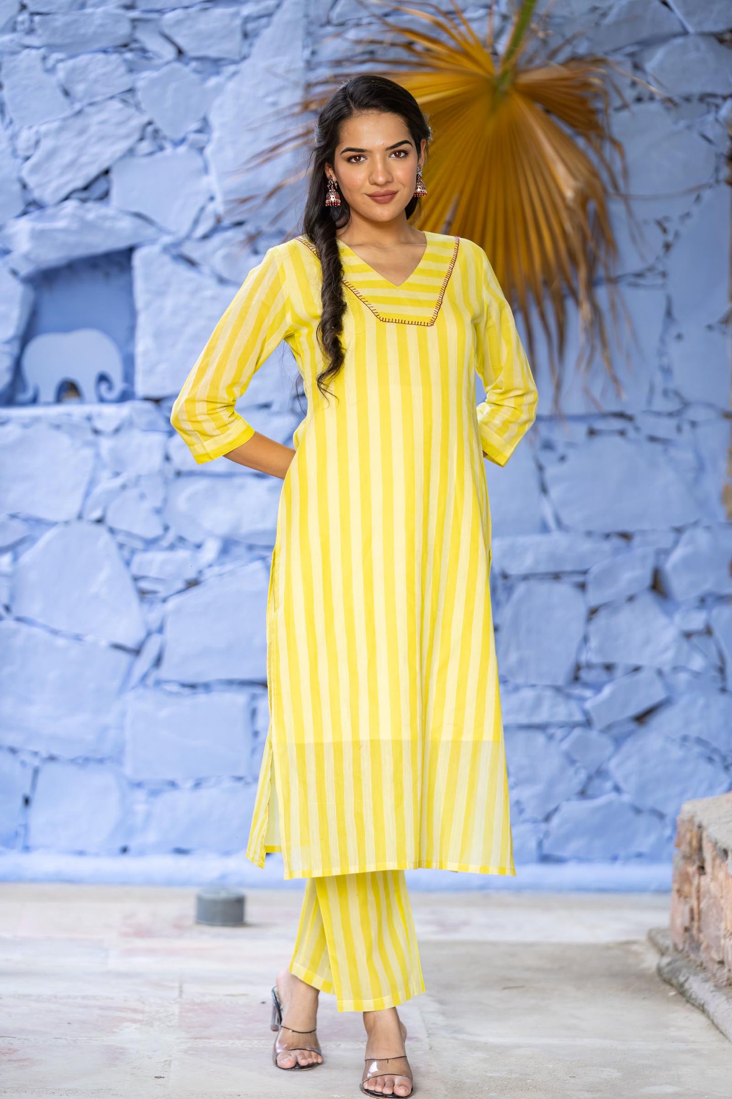 Yellow Striped Khari Cotton Kurta Set-KS658