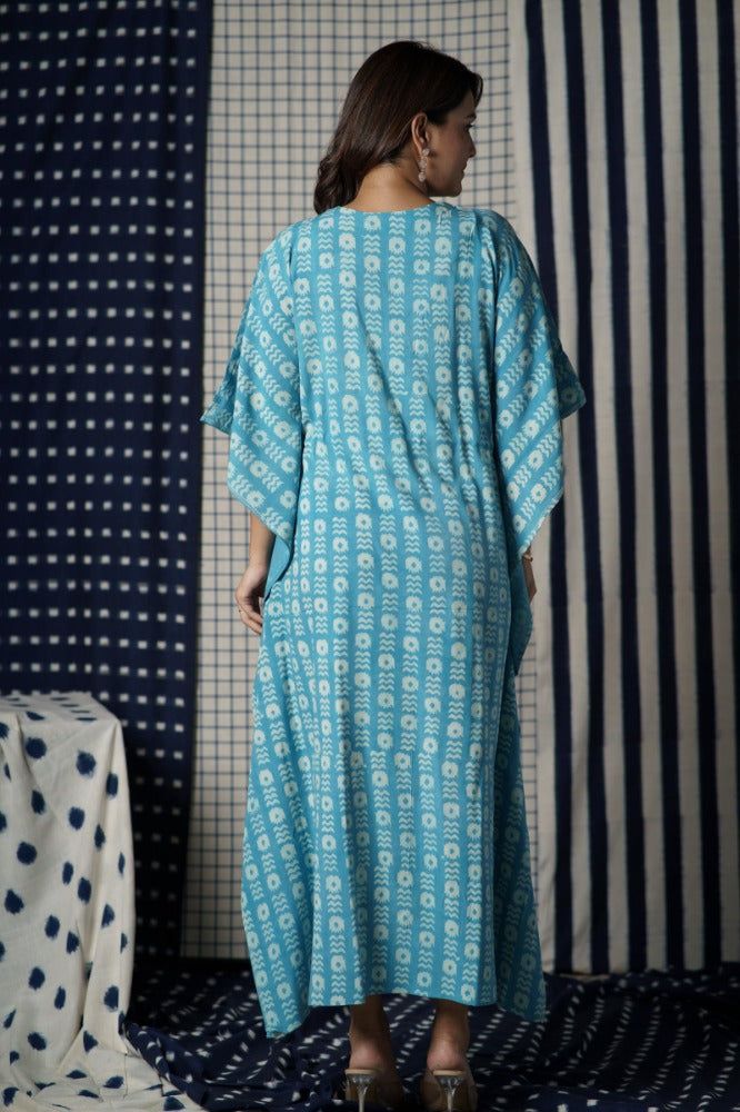 Blue Block Printed Ecovera Kaftan-NVK502