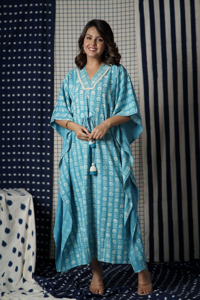 Blue Block Printed Ecovera Kaftan-NVK502